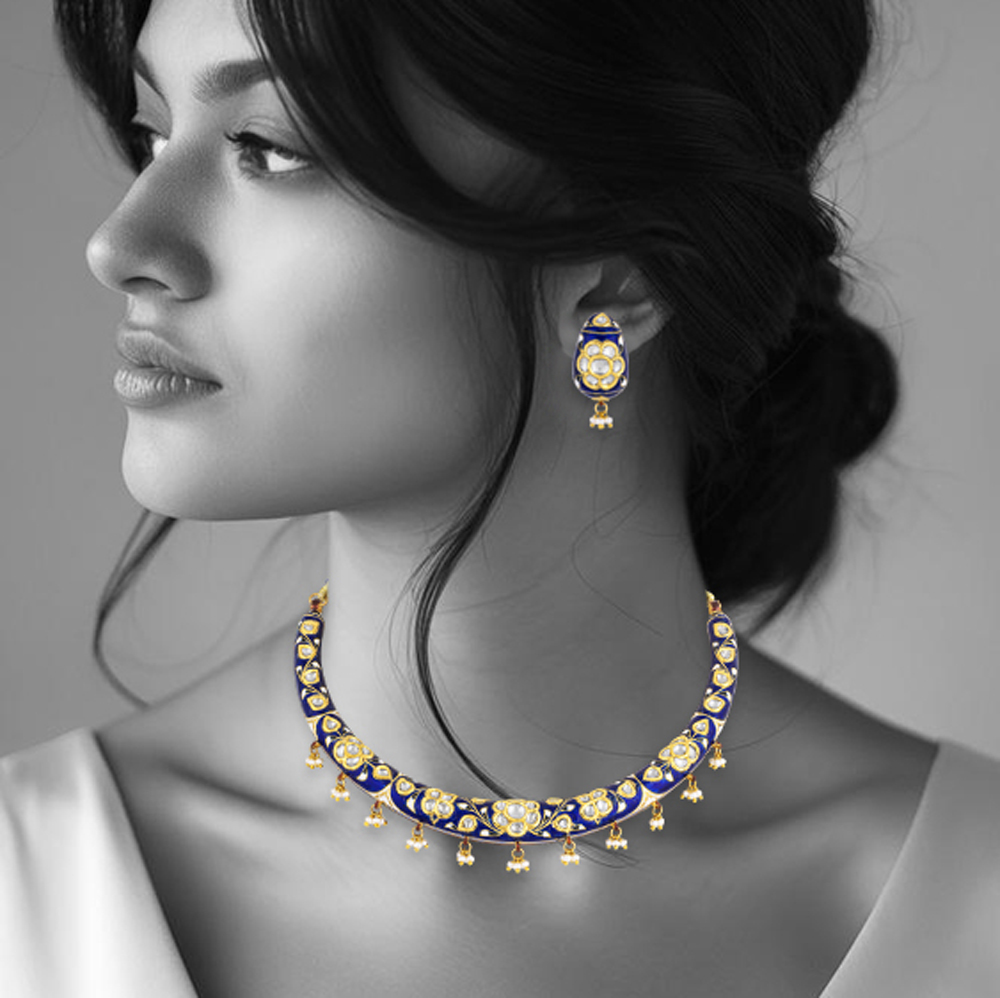 Blue Enamel Hasli Necklace Set with Polki Floral Motifs & Pearls